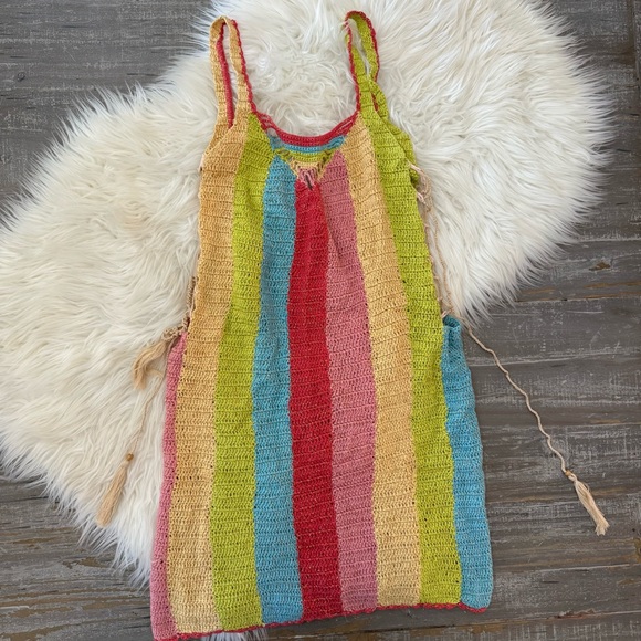 Chasing Unicorns Rainbow Stripe Crochet Mini Dress